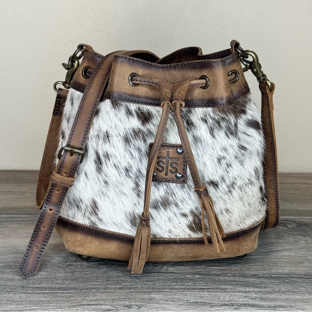 STS Ranchwear Brown Genuine Leather Bovine Cowhide Hair Bucket Drawstring Bag